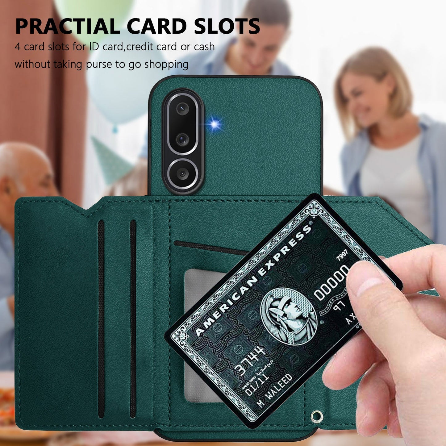 For Samsung Galaxy M56 5G Case Card Holder Kickstand Skin-Touch Phone Cover with Wrist Strap - Green