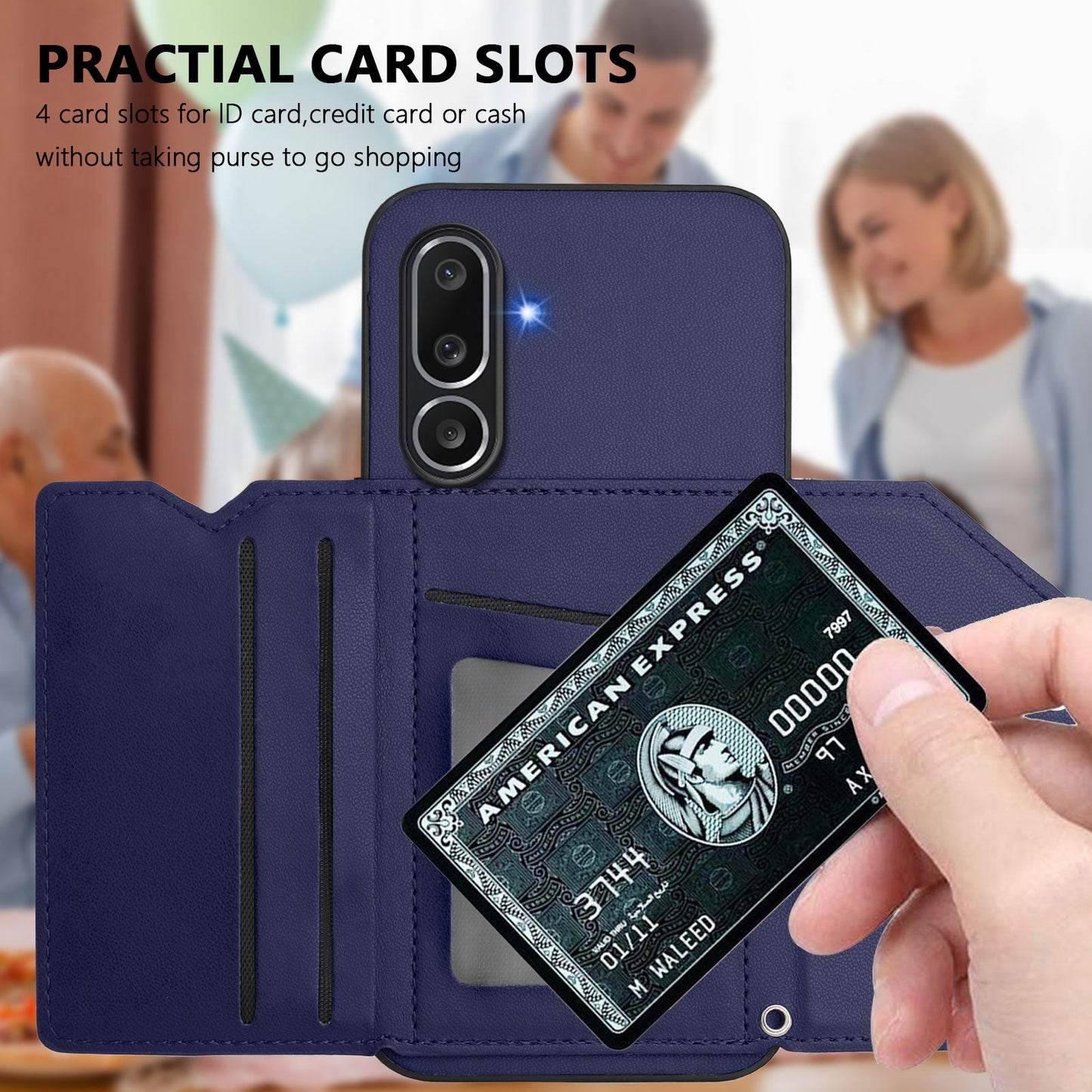 For Samsung Galaxy M56 5G Case Card Holder Kickstand Skin-Touch Phone Cover with Wrist Strap - Blue