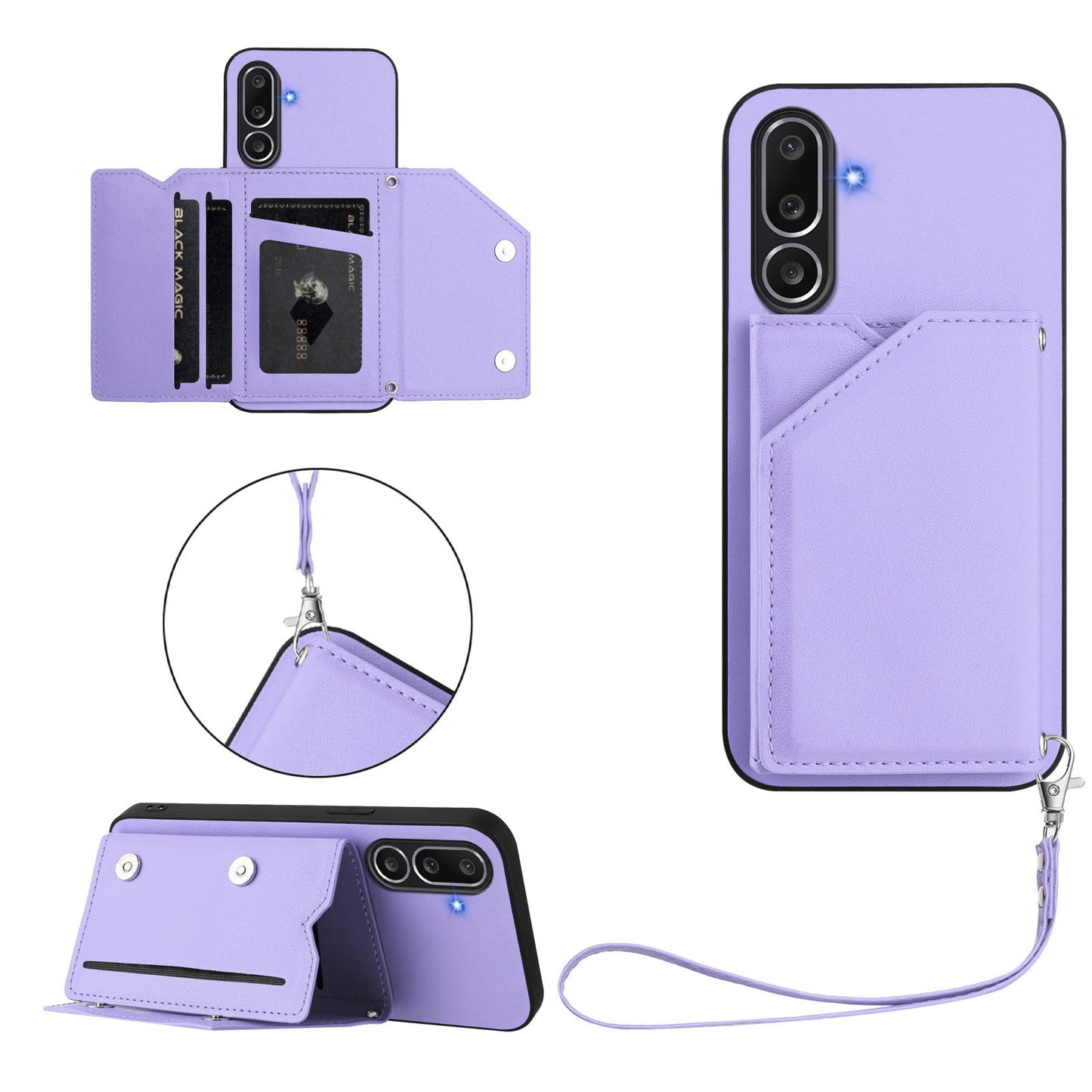 For Samsung Galaxy M56 5G Case Card Holder Kickstand Skin-Touch Phone Cover with Wrist Strap - Light Purple