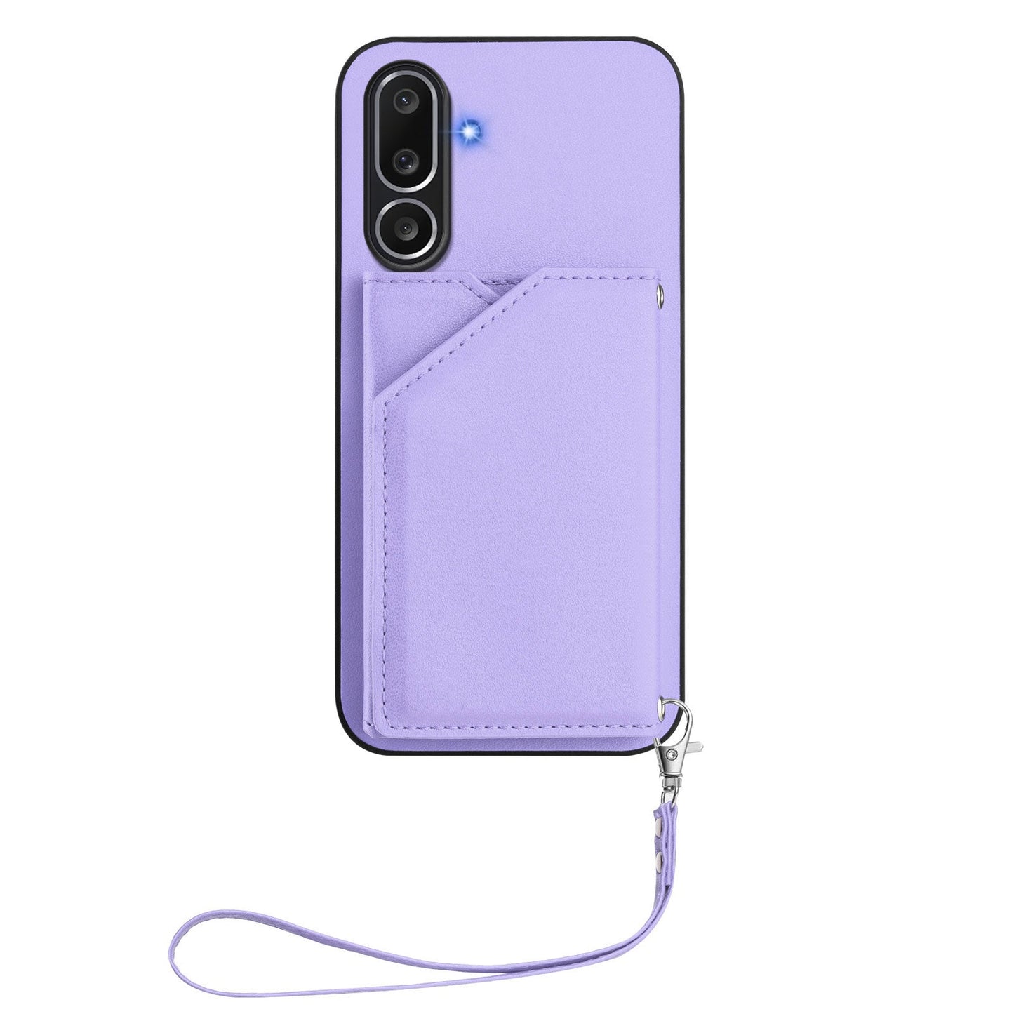 For Samsung Galaxy M56 5G Case Card Holder Kickstand Skin-Touch Phone Cover with Wrist Strap - Light Purple