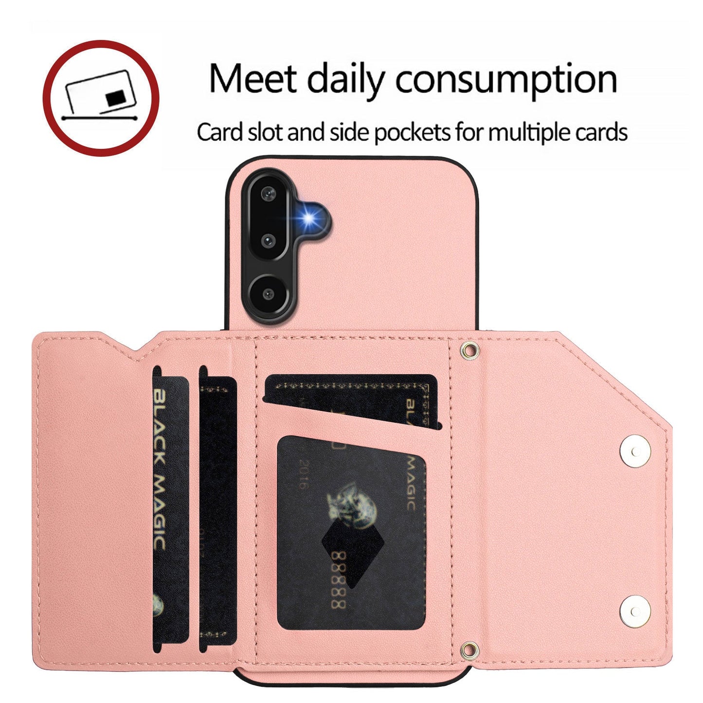 For Samsung Galaxy F16 5G / Galaxy M16 5G Case Card Holder Kickstand Skin-Touch Phone Cover with Wrist Strap - Pink