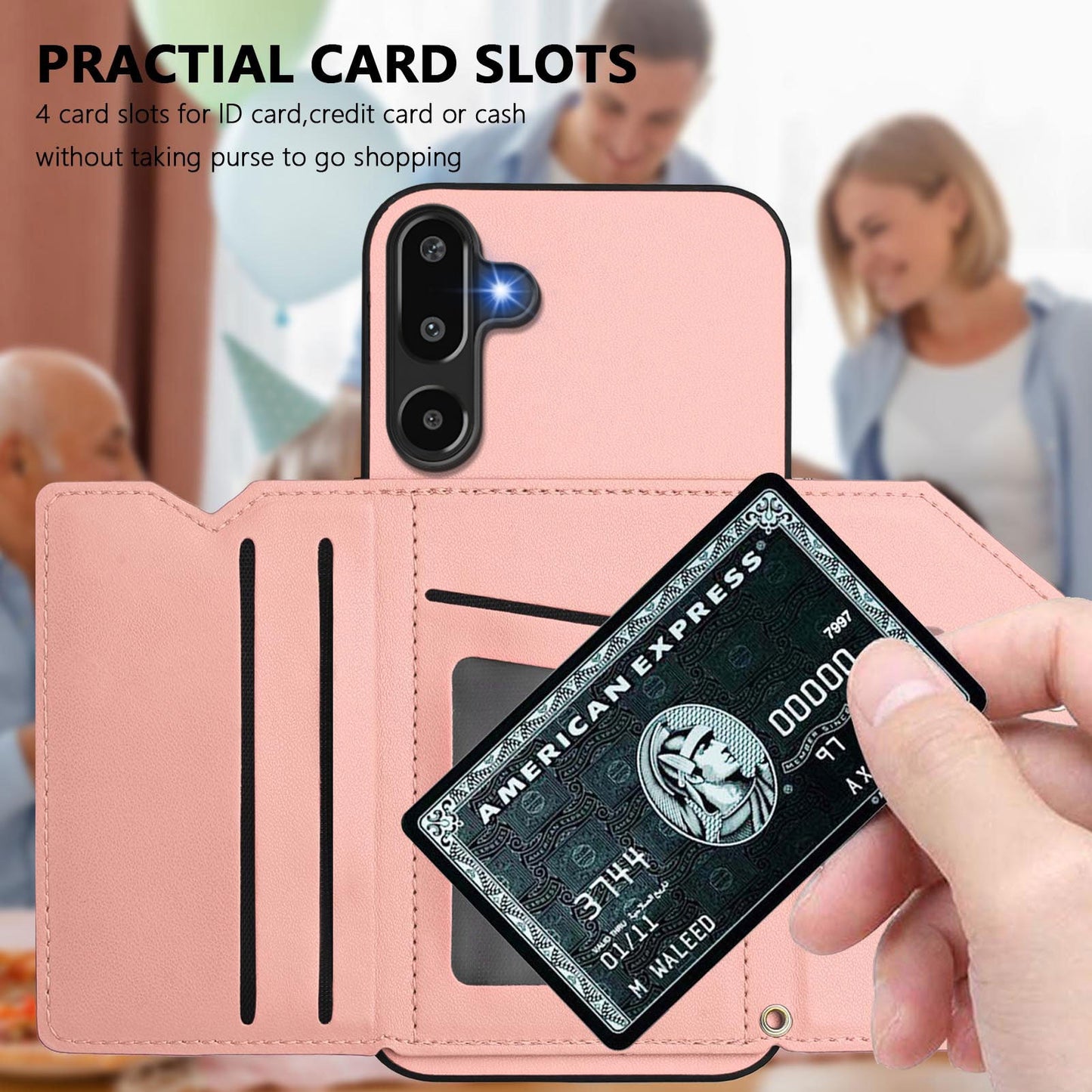 For Samsung Galaxy F16 5G / Galaxy M16 5G Case Card Holder Kickstand Skin-Touch Phone Cover with Wrist Strap - Pink