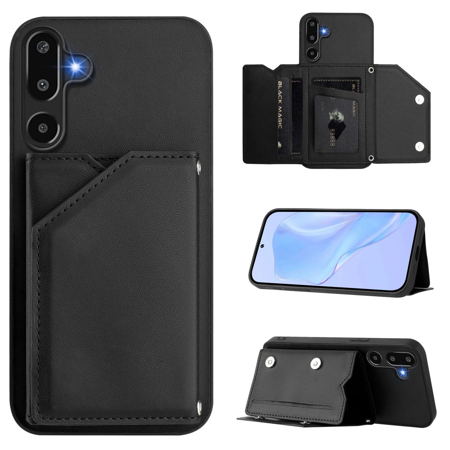 For Samsung Galaxy F16 5G / Galaxy M16 5G Case Card Holder Kickstand Skin-Touch Phone Cover with Wrist Strap - Black