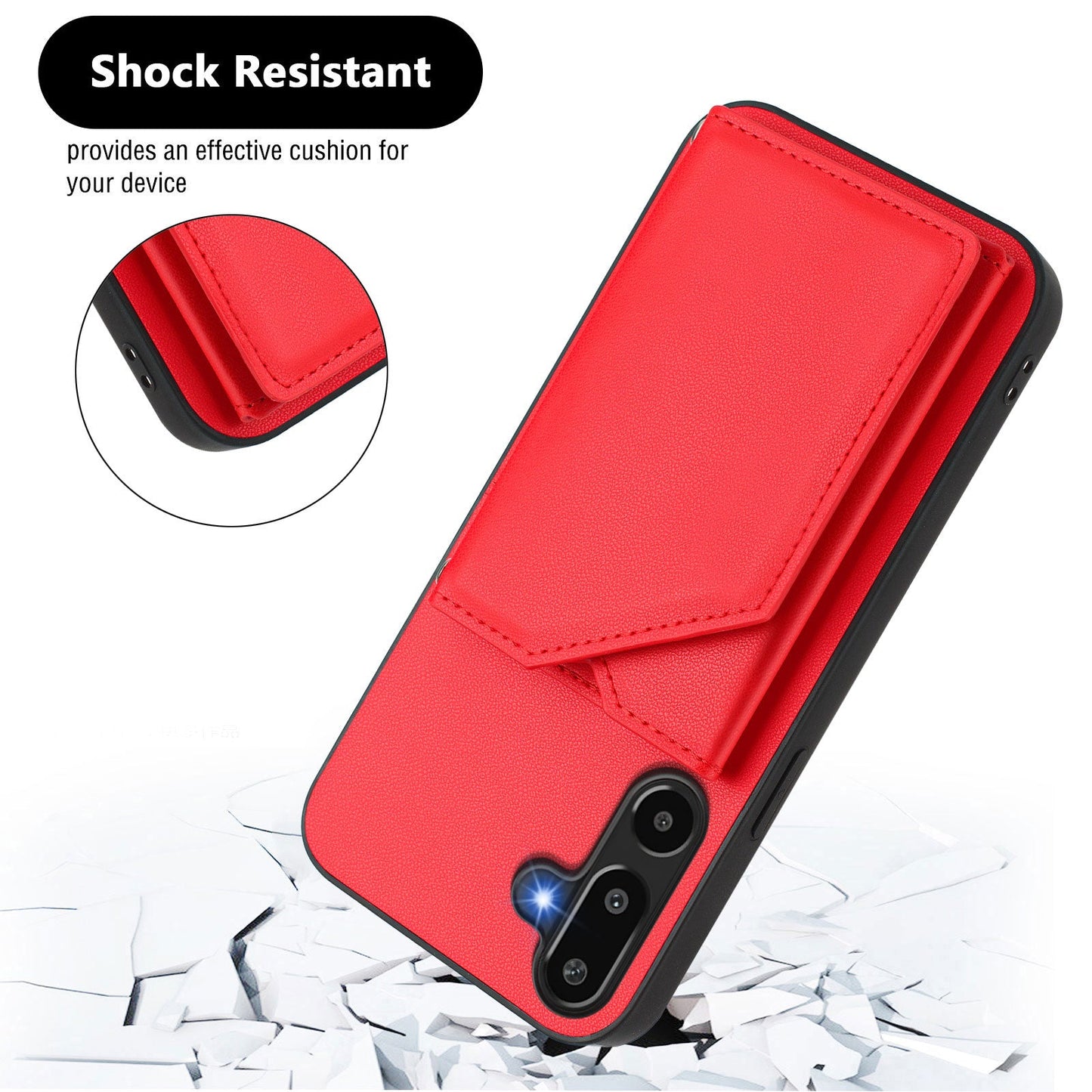 For Samsung Galaxy F16 5G / Galaxy M16 5G Case Card Holder Kickstand Skin-Touch Phone Cover with Wrist Strap - Red
