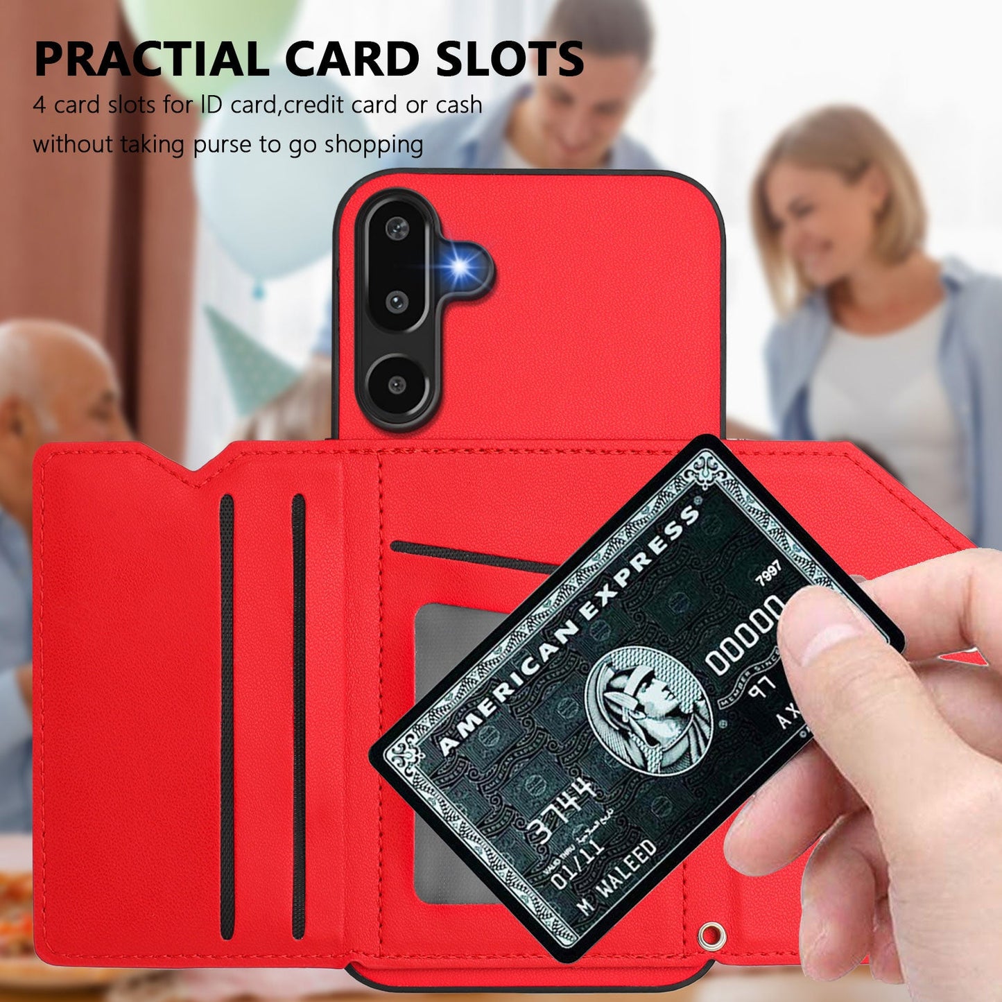 For Samsung Galaxy F16 5G / Galaxy M16 5G Case Card Holder Kickstand Skin-Touch Phone Cover with Wrist Strap - Red