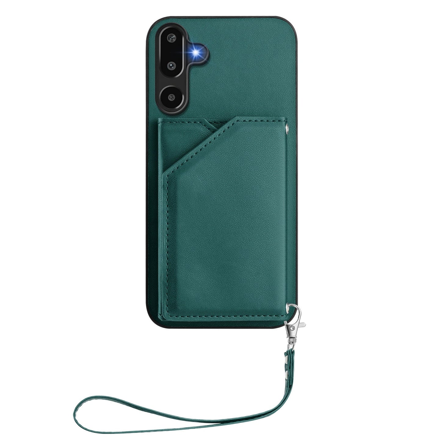 For Samsung Galaxy F16 5G / Galaxy M16 5G Case Card Holder Kickstand Skin-Touch Phone Cover with Wrist Strap - Green