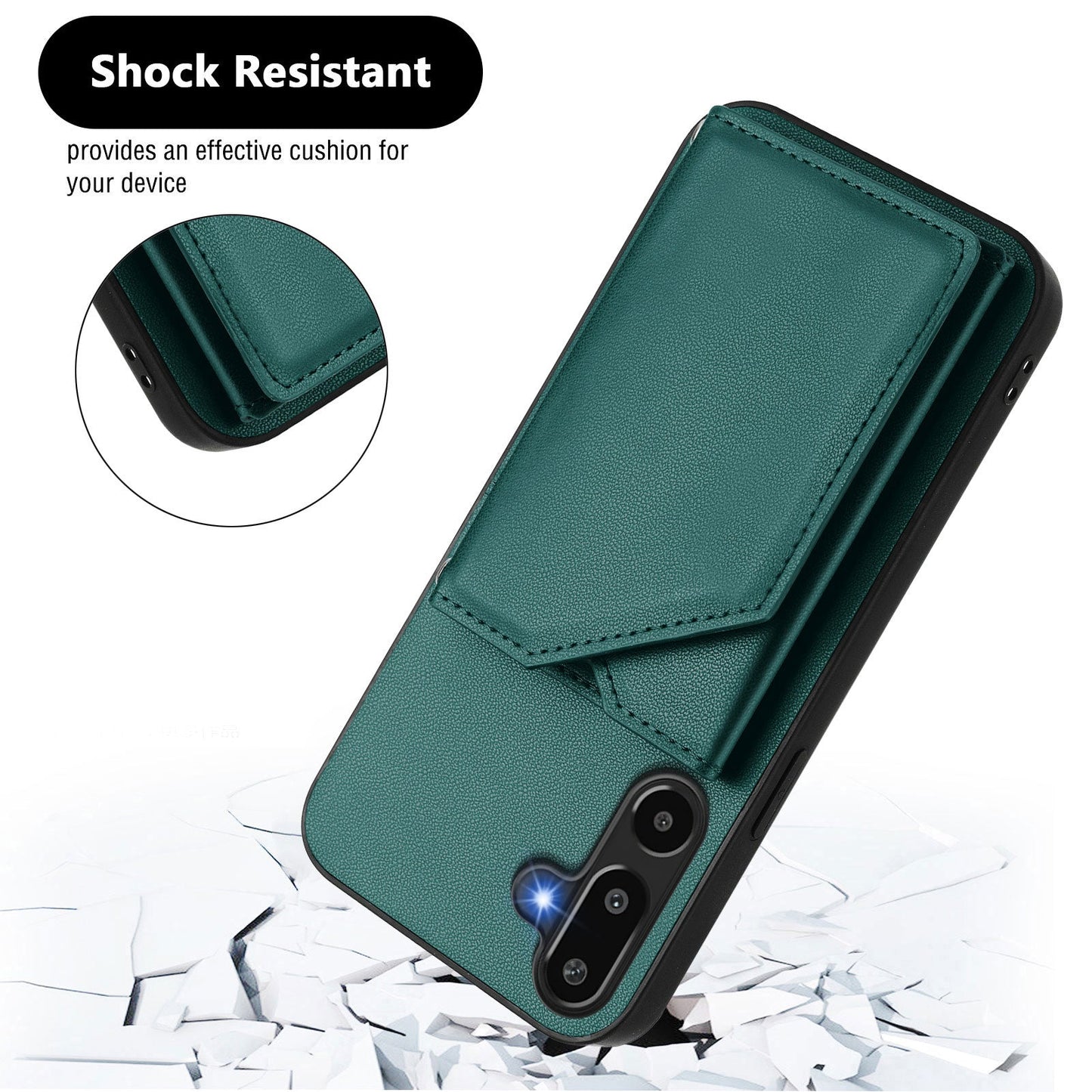 For Samsung Galaxy F16 5G / Galaxy M16 5G Case Card Holder Kickstand Skin-Touch Phone Cover with Wrist Strap - Green