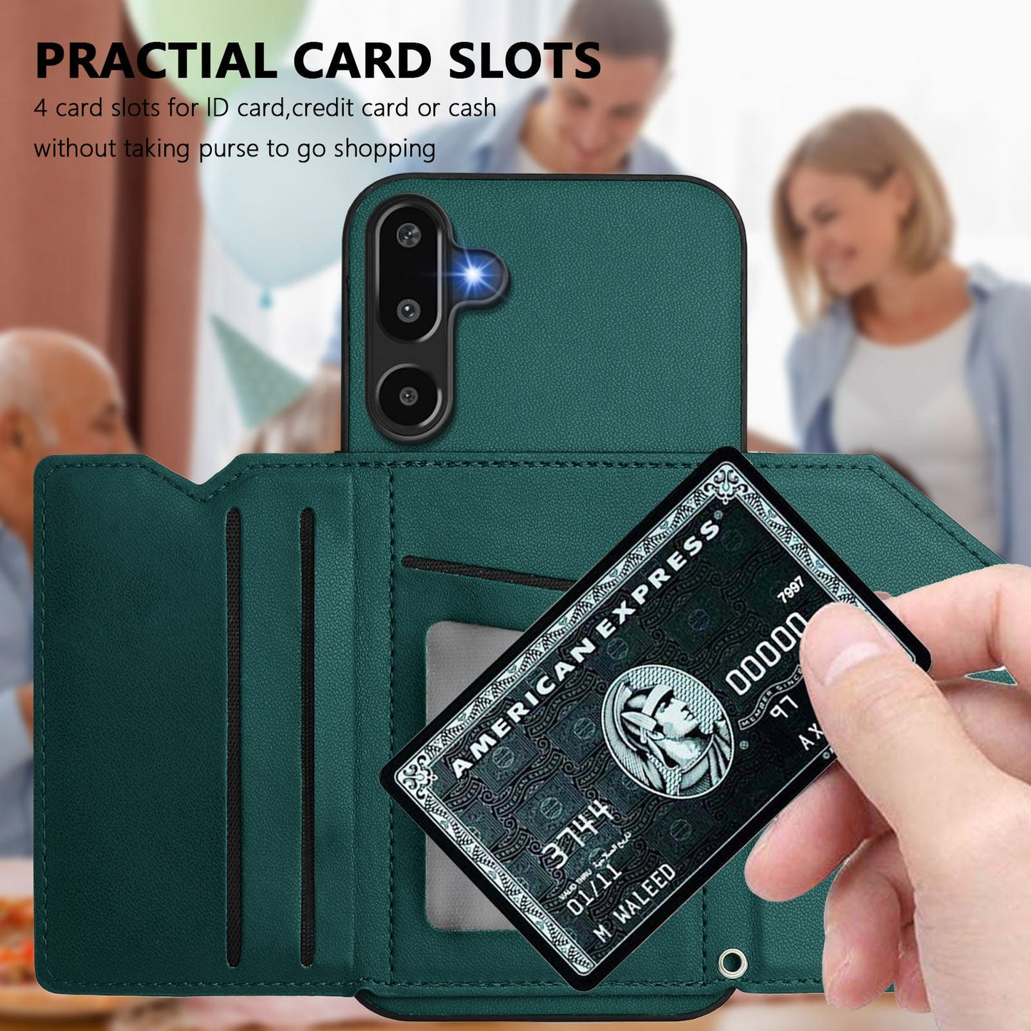For Samsung Galaxy F16 5G / Galaxy M16 5G Case Card Holder Kickstand Skin-Touch Phone Cover with Wrist Strap - Green