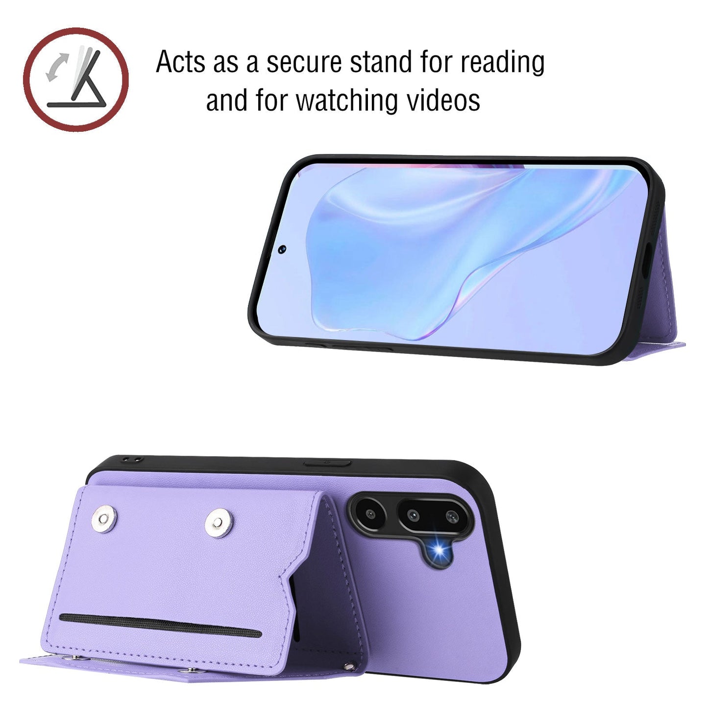 For Samsung Galaxy F16 5G / Galaxy M16 5G Case Card Holder Kickstand Skin-Touch Phone Cover with Wrist Strap - Light Purple