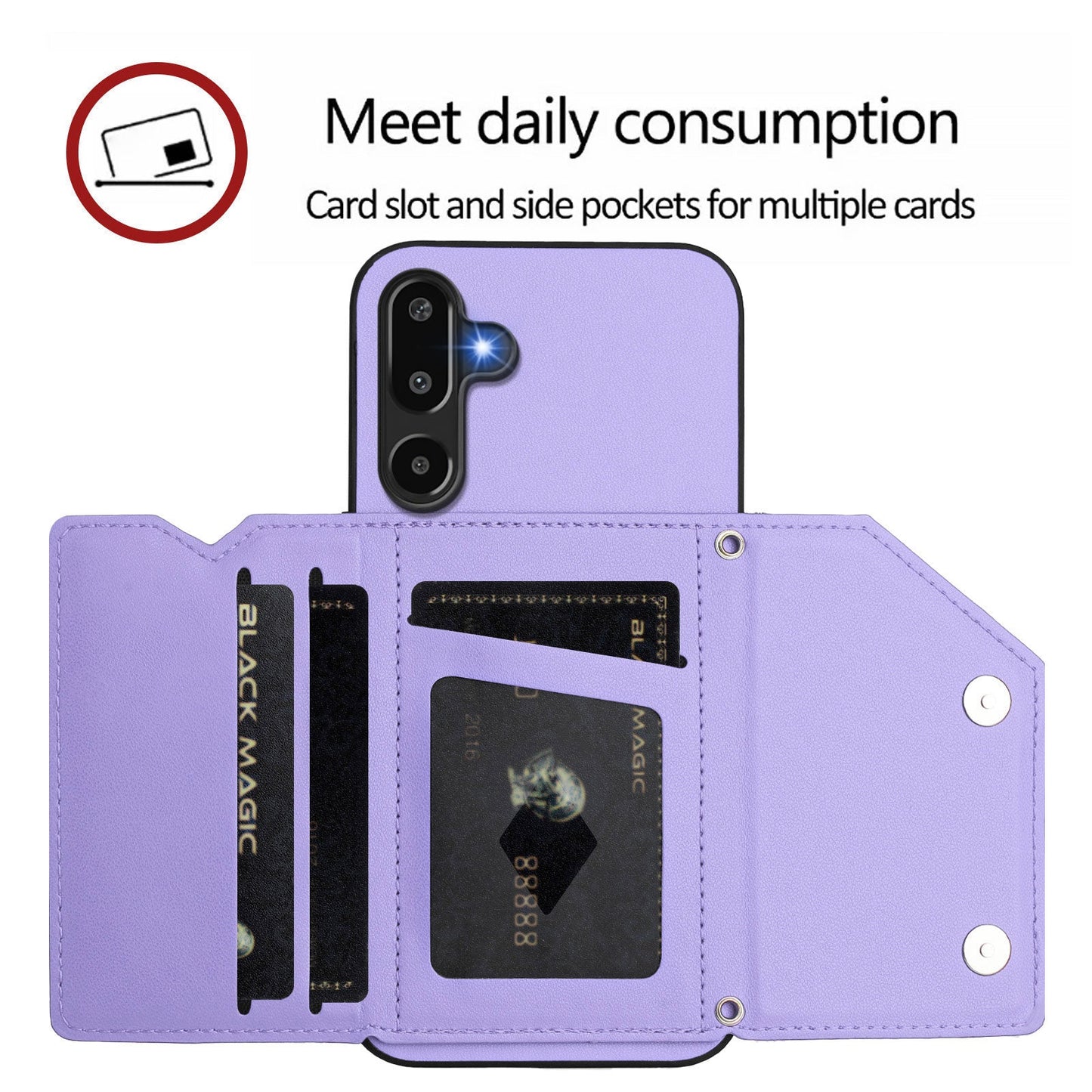 For Samsung Galaxy F16 5G / Galaxy M16 5G Case Card Holder Kickstand Skin-Touch Phone Cover with Wrist Strap - Light Purple