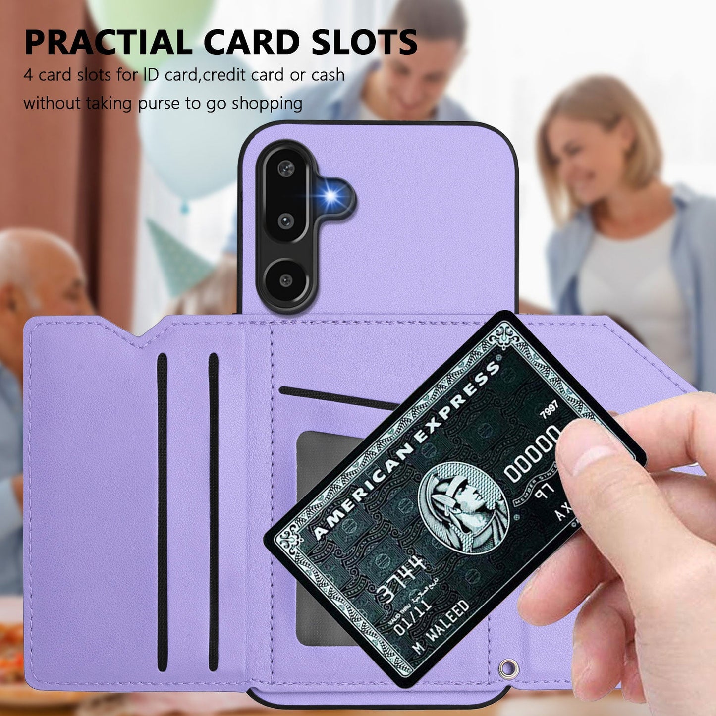 For Samsung Galaxy F16 5G / Galaxy M16 5G Case Card Holder Kickstand Skin-Touch Phone Cover with Wrist Strap - Light Purple