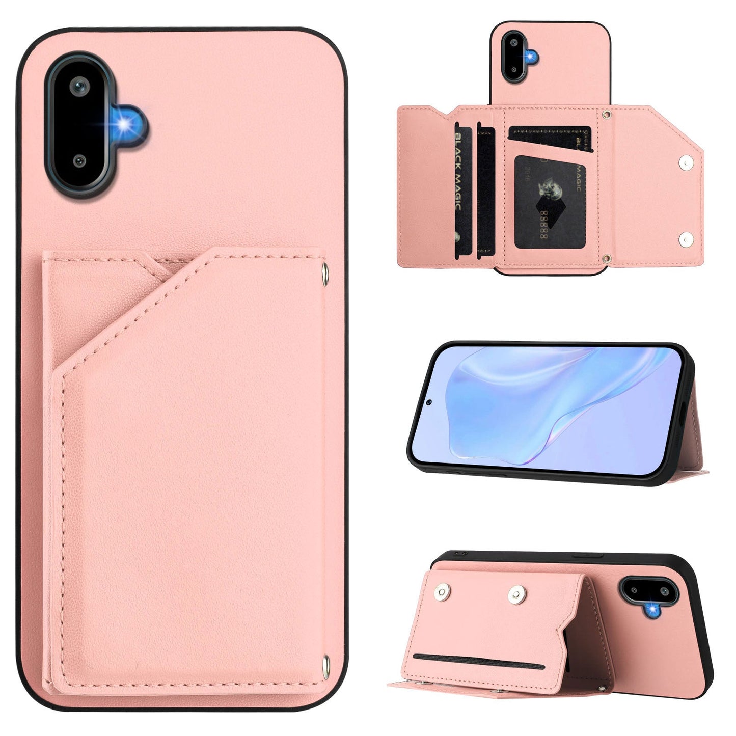 For Samsung Galaxy M06 5G / Galaxy F06 5G Case Card Holder Kickstand Skin-Touch Phone Cover with Wrist Strap - Pink