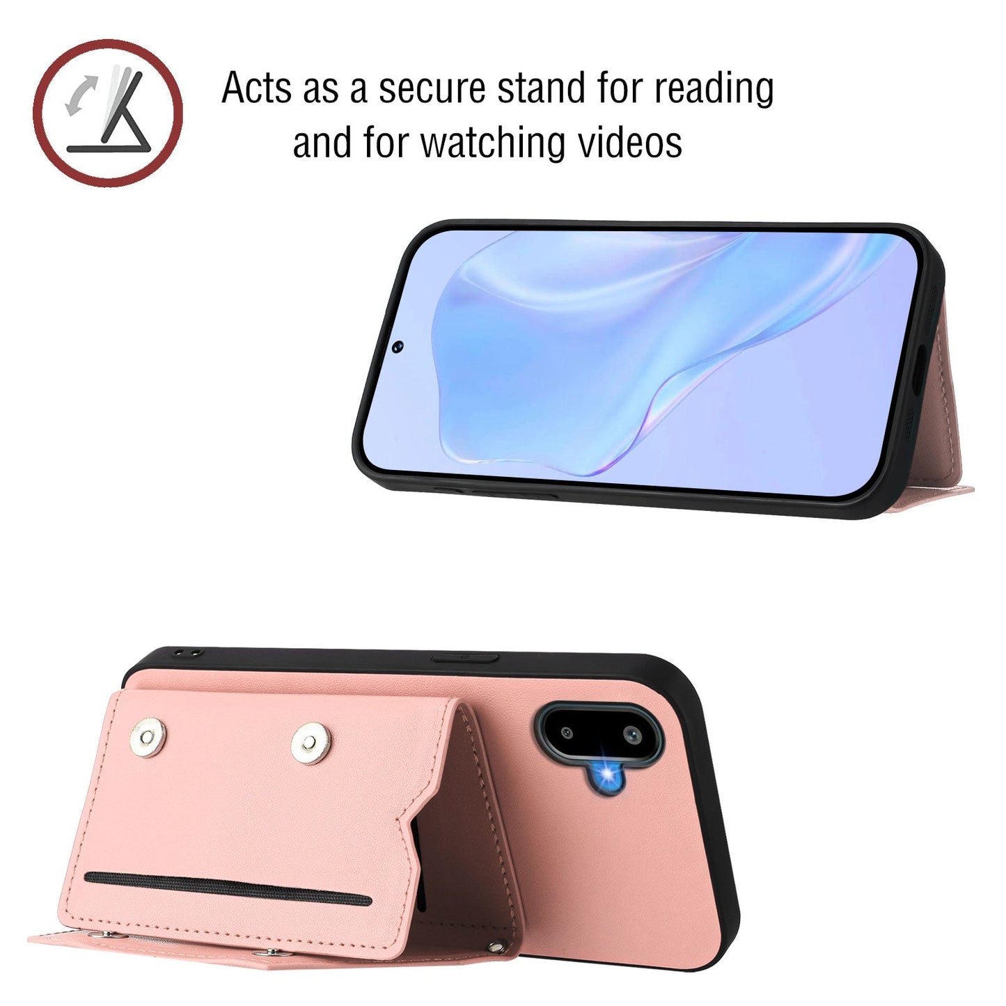 For Samsung Galaxy M06 5G / Galaxy F06 5G Case Card Holder Kickstand Skin-Touch Phone Cover with Wrist Strap - Pink