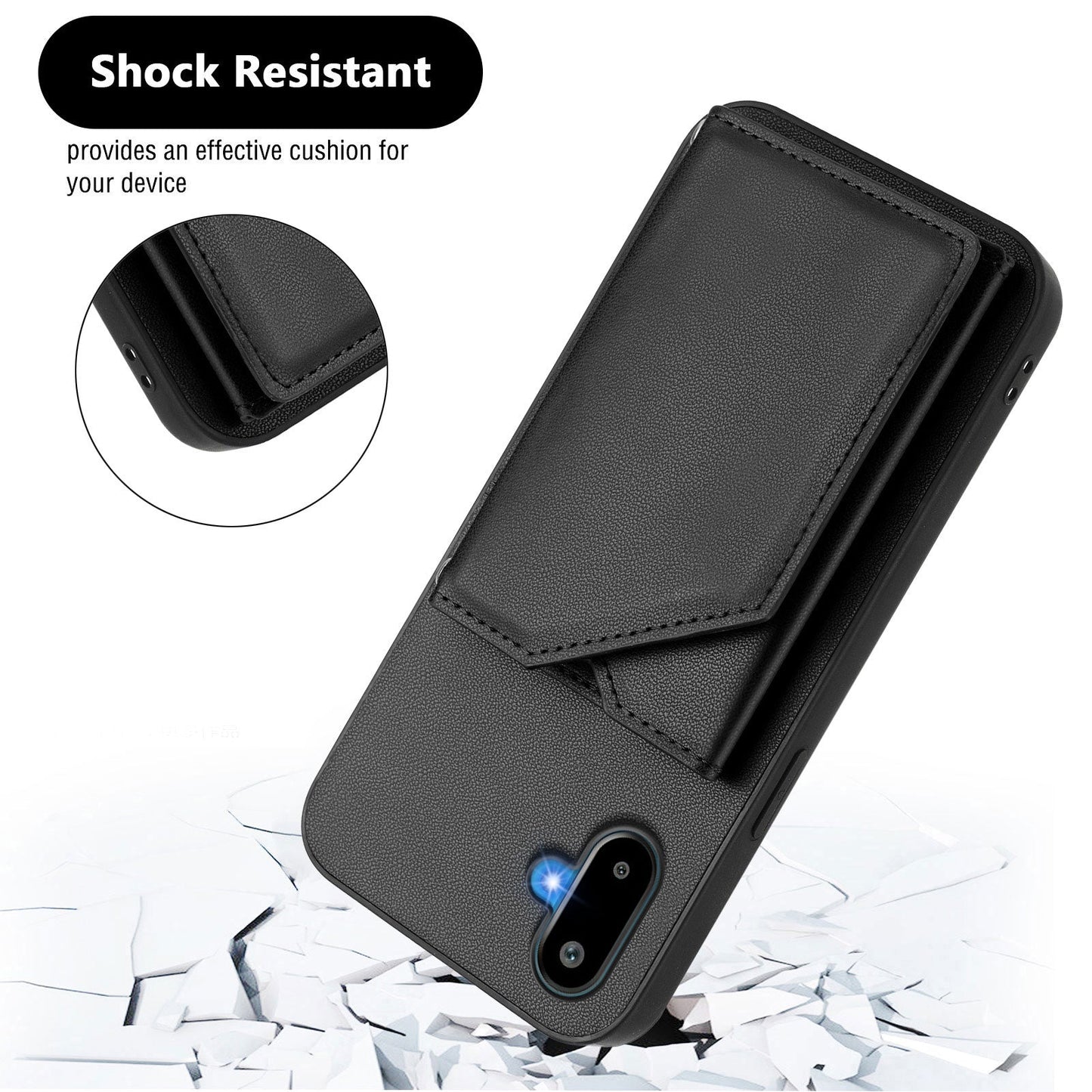 For Samsung Galaxy M06 5G / Galaxy F06 5G Case Card Holder Kickstand Skin-Touch Phone Cover with Wrist Strap - Black