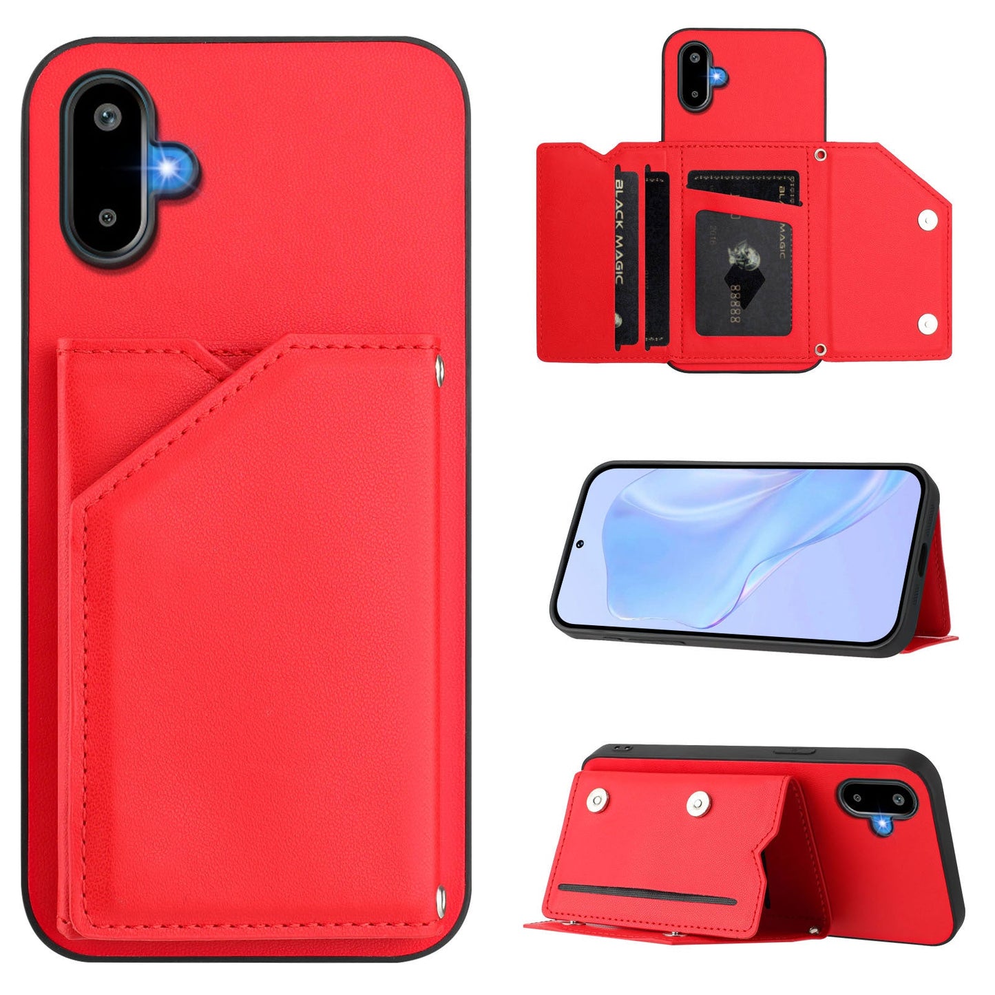 For Samsung Galaxy M06 5G / Galaxy F06 5G Case Card Holder Kickstand Skin-Touch Phone Cover with Wrist Strap - Red