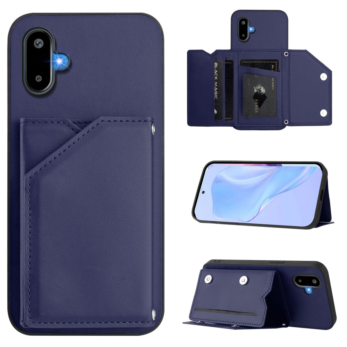 For Samsung Galaxy M06 5G / Galaxy F06 5G Case Card Holder Kickstand Skin-Touch Phone Cover with Wrist Strap - Blue