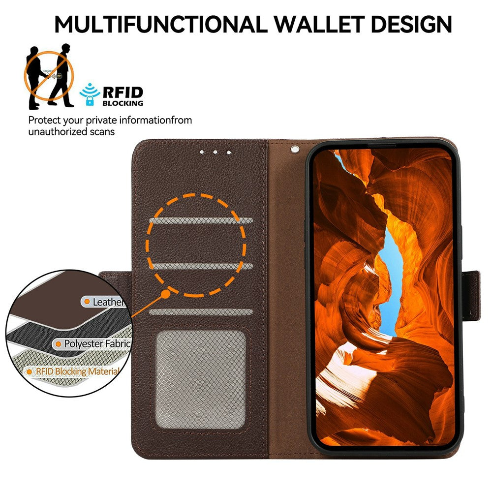 ABEEL For iPhone 17 Pro Max Case Litchi Texture Leather RFID Blocking Phone Cover - Brown