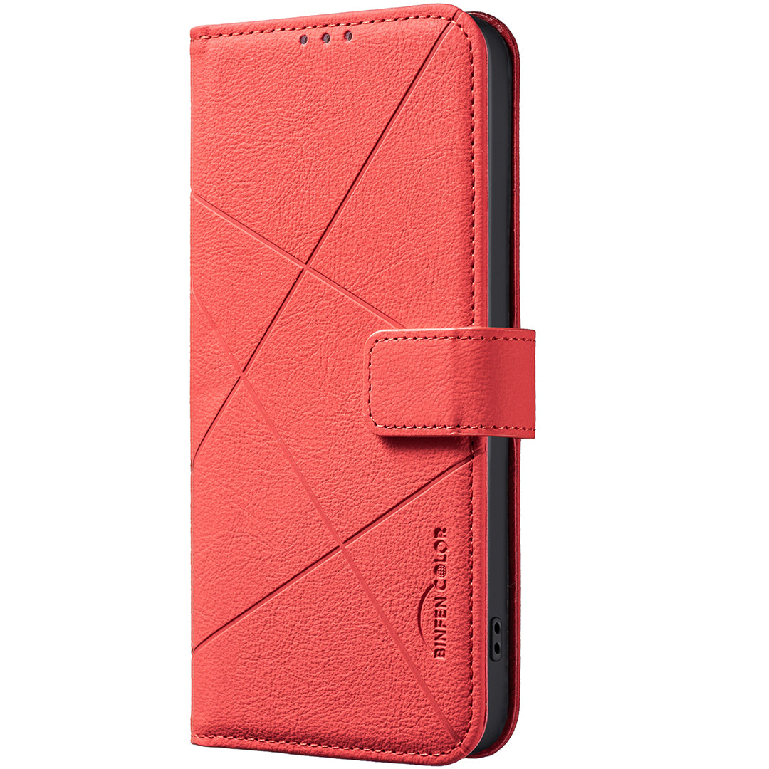 For Oppo Reno13 F 5G Case BINFEN COLOR BF35 Geometry Imprinted Leather Phone Cover RFID Blocking Wallet Stand - Red