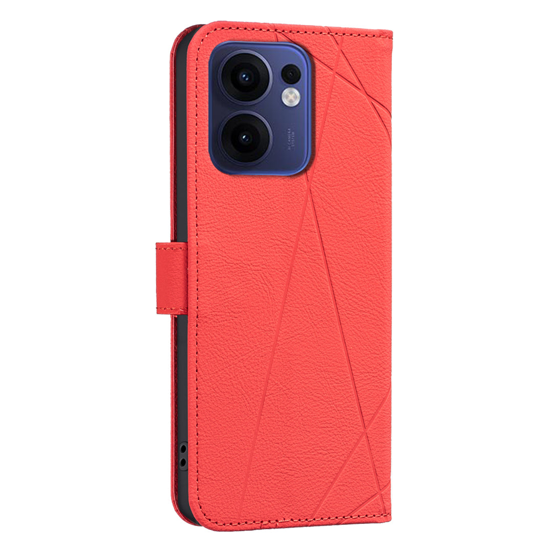 For Oppo Reno13 F 5G Case BINFEN COLOR BF35 Geometry Imprinted Leather Phone Cover RFID Blocking Wallet Stand - Red