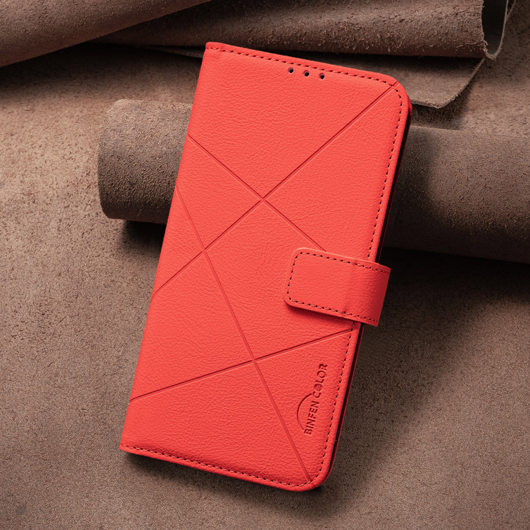 For Oppo Reno13 F 5G Case BINFEN COLOR BF35 Geometry Imprinted Leather Phone Cover RFID Blocking Wallet Stand - Red
