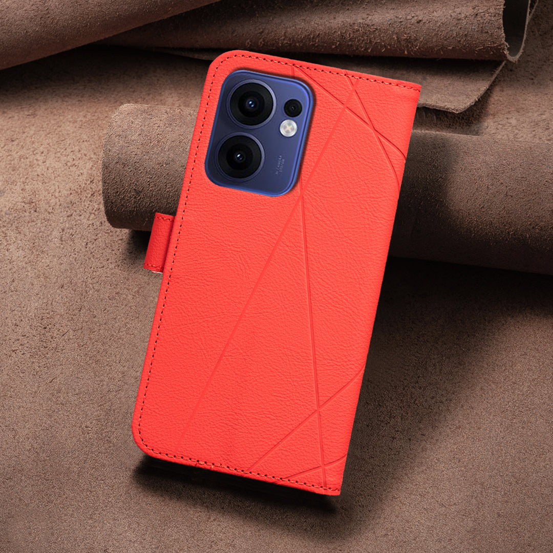 For Oppo Reno13 F 5G Case BINFEN COLOR BF35 Geometry Imprinted Leather Phone Cover RFID Blocking Wallet Stand - Red