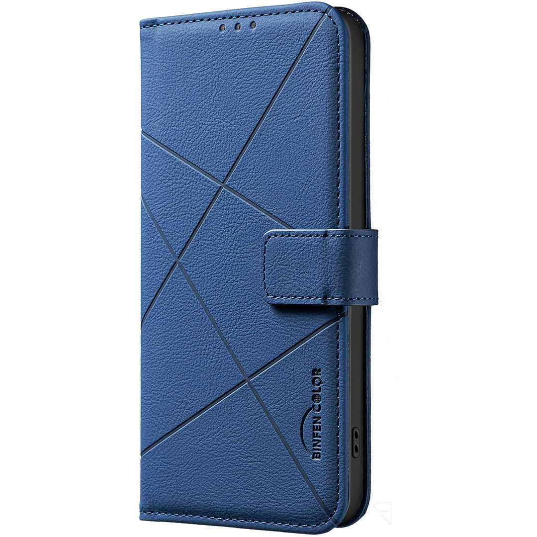 For Oppo Reno13 F 5G Case BINFEN COLOR BF35 Geometry Imprinted Leather Phone Cover RFID Blocking Wallet Stand - Blue