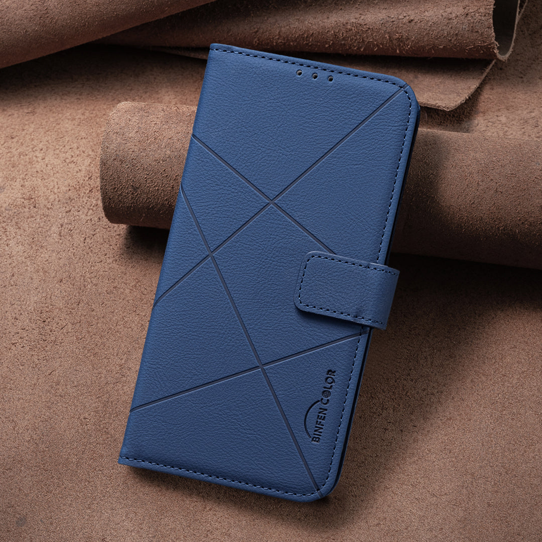 For Oppo Reno13 F 5G Case BINFEN COLOR BF35 Geometry Imprinted Leather Phone Cover RFID Blocking Wallet Stand - Blue