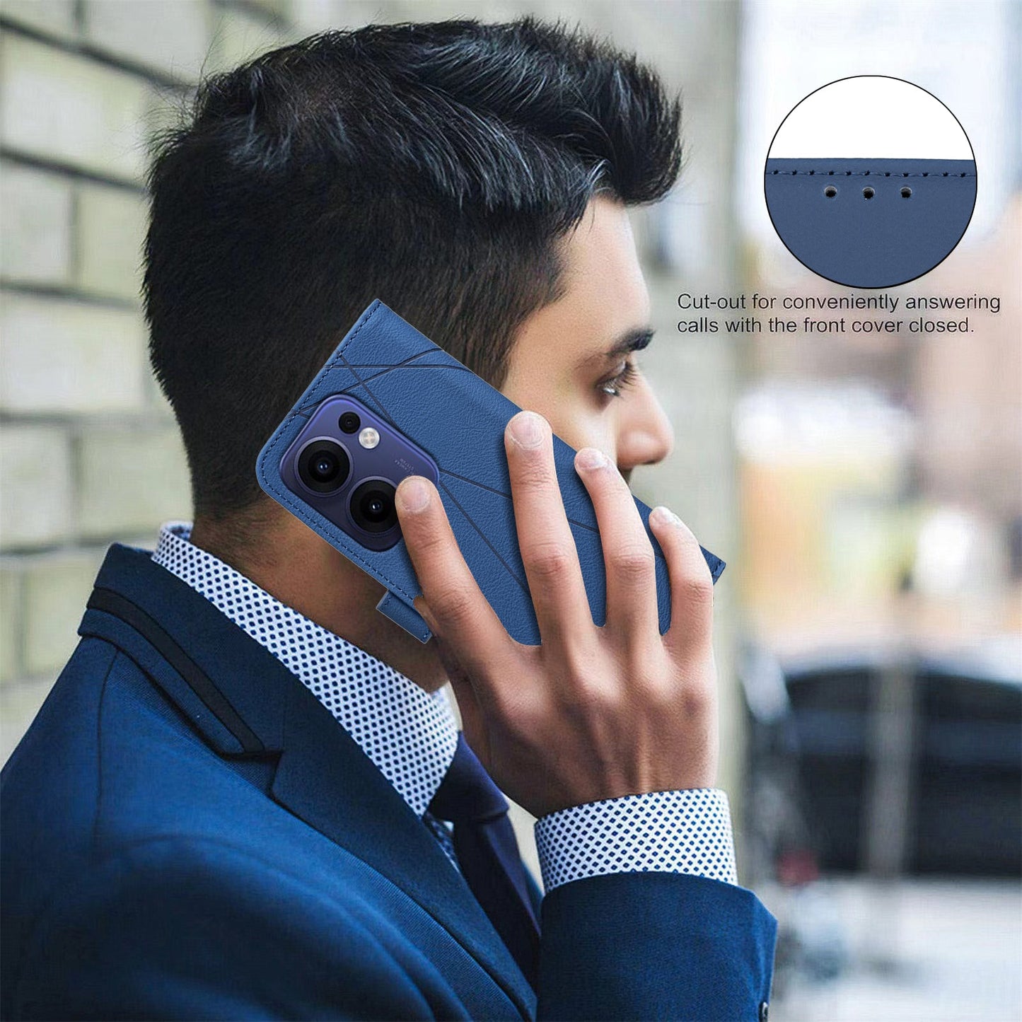 For Oppo Reno13 F 5G Case BINFEN COLOR BF35 Geometry Imprinted Leather Phone Cover RFID Blocking Wallet Stand - Blue