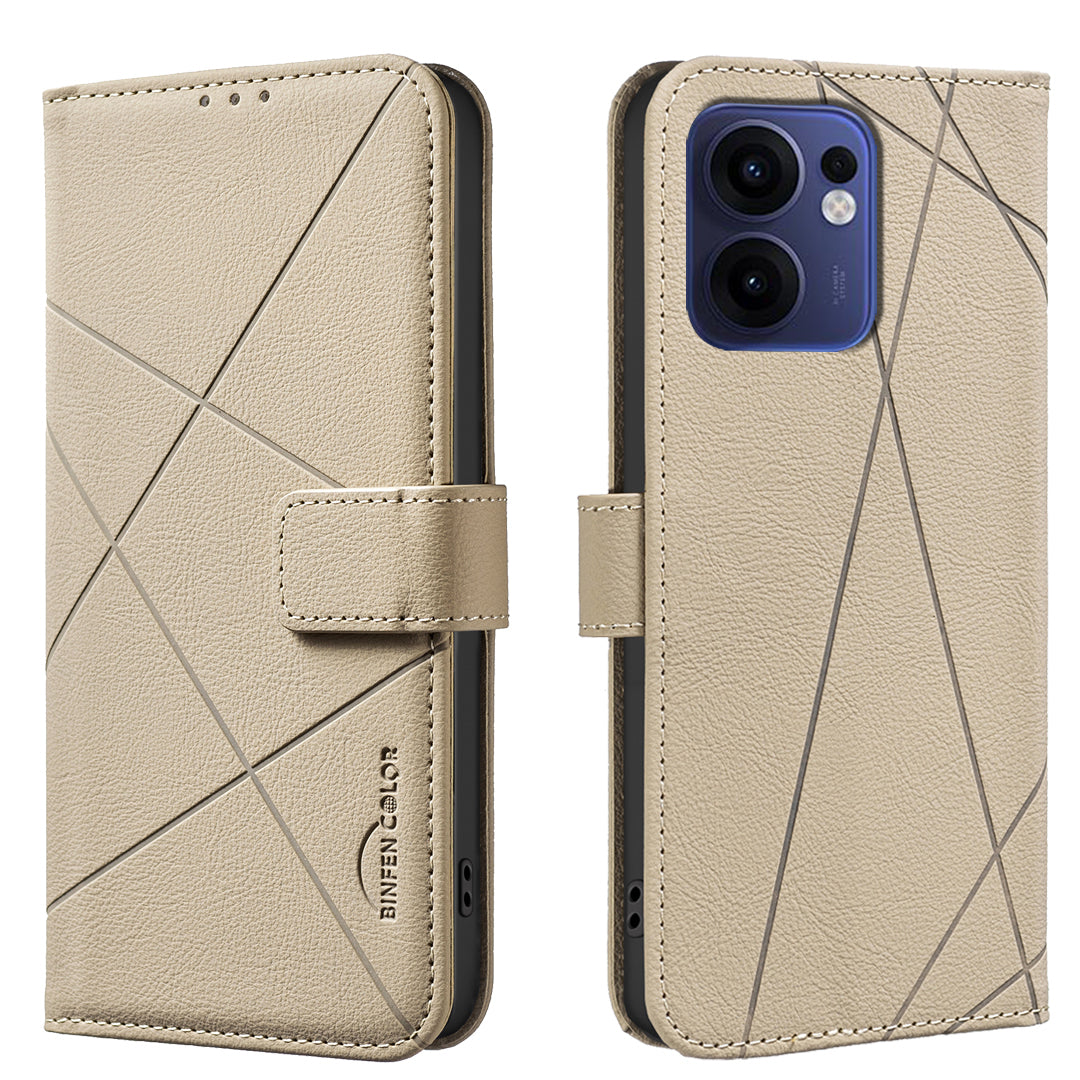 For Oppo Reno13 F 5G Case BINFEN COLOR BF35 Geometry Imprinted Leather Phone Cover RFID Blocking Wallet Stand - Beige