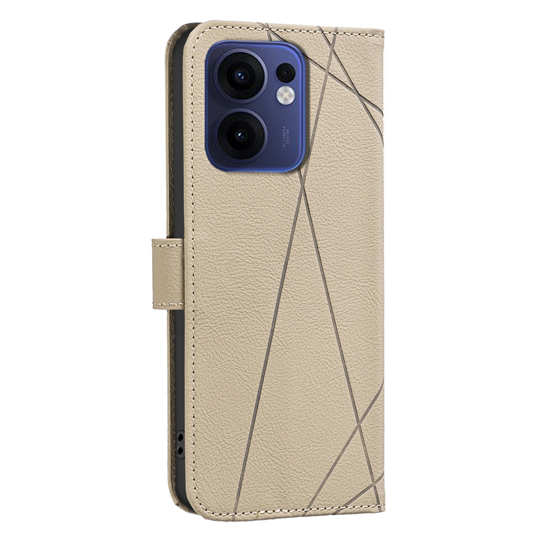 For Oppo Reno13 F 5G Case BINFEN COLOR BF35 Geometry Imprinted Leather Phone Cover RFID Blocking Wallet Stand - Beige