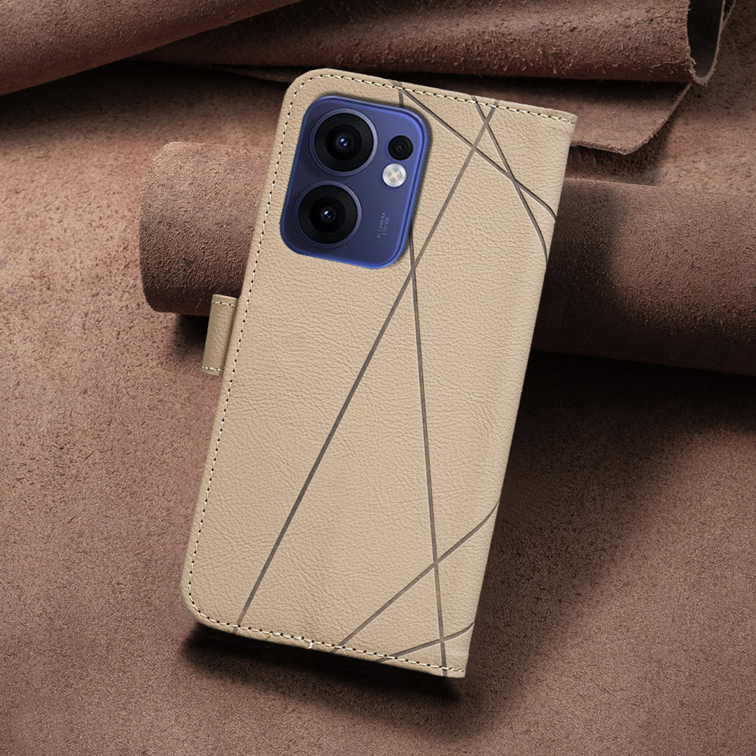 For Oppo Reno13 F 5G Case BINFEN COLOR BF35 Geometry Imprinted Leather Phone Cover RFID Blocking Wallet Stand - Beige