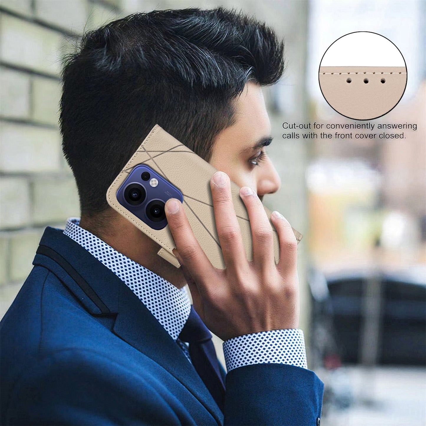 For Oppo Reno13 F 5G Case BINFEN COLOR BF35 Geometry Imprinted Leather Phone Cover RFID Blocking Wallet Stand - Beige