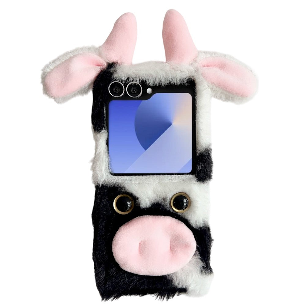 For Samsung Galaxy Z Flip7 5G Case Plush Cow Hard PC Protective Phone Cover - Black