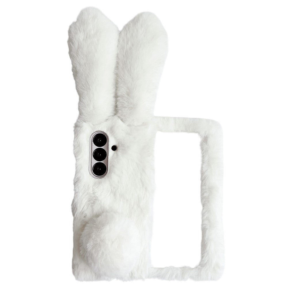 For Samsung Galaxy Z Fold7 5G Case Bunny Ears Winter Plush Hard PC Phone Cover - White