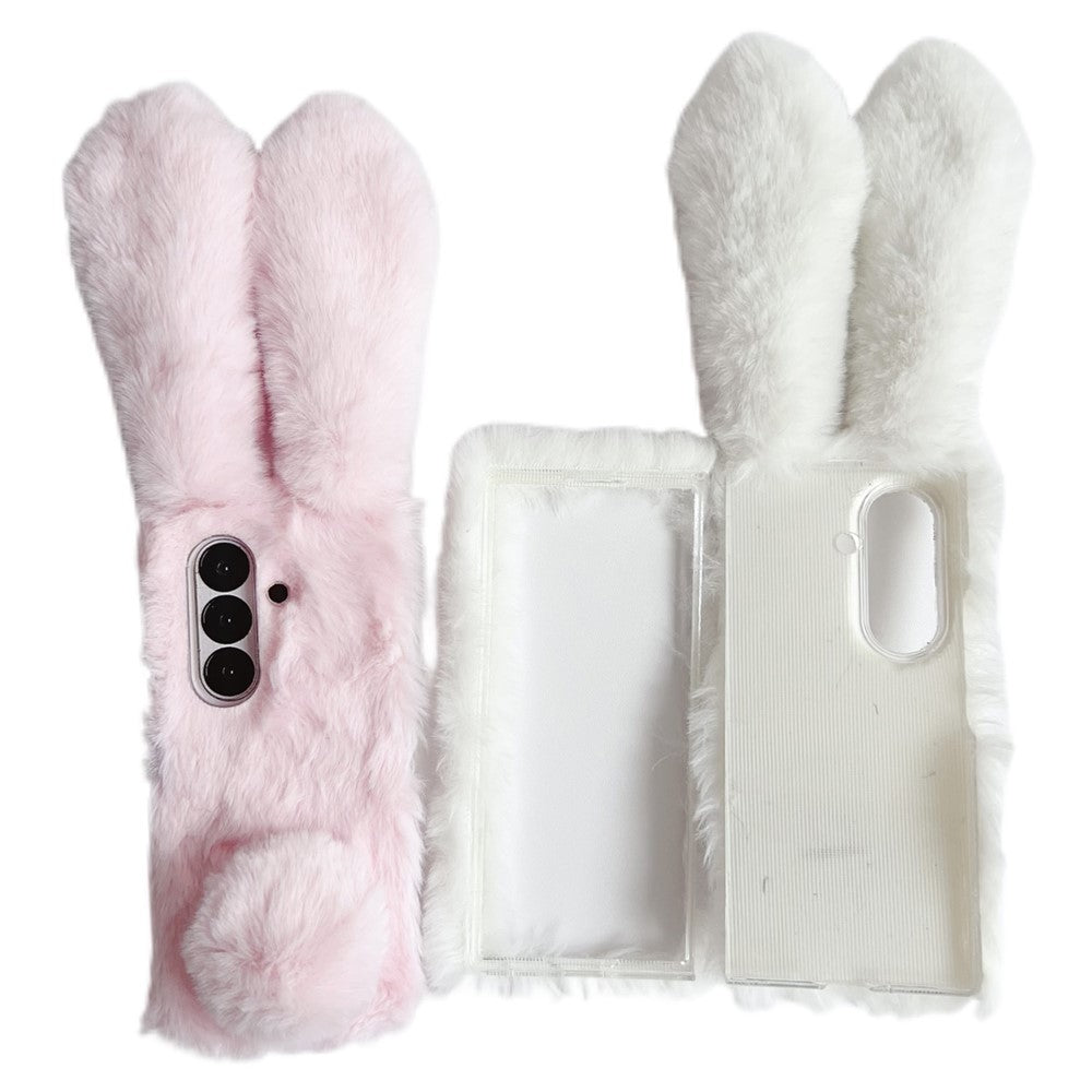 For Samsung Galaxy Z Fold7 5G Case Bunny Ears Winter Plush Hard PC Phone Cover - Black