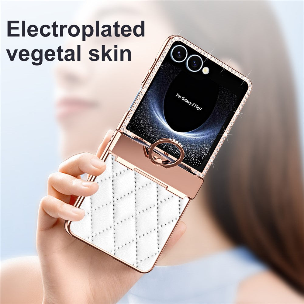 For Samsung Galaxy Z Flip7 5G Case Ring Holder Rhinestone Decor Leather + PC Cover with Rear Screen Film - White