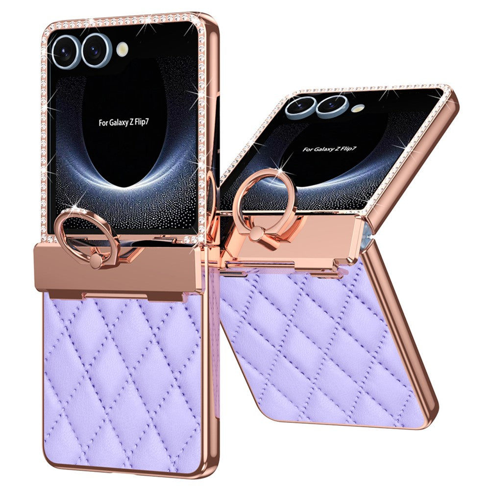 For Samsung Galaxy Z Flip7 5G Case Ring Holder Rhinestone Decor Leather + PC Cover with Rear Screen Film - Purple