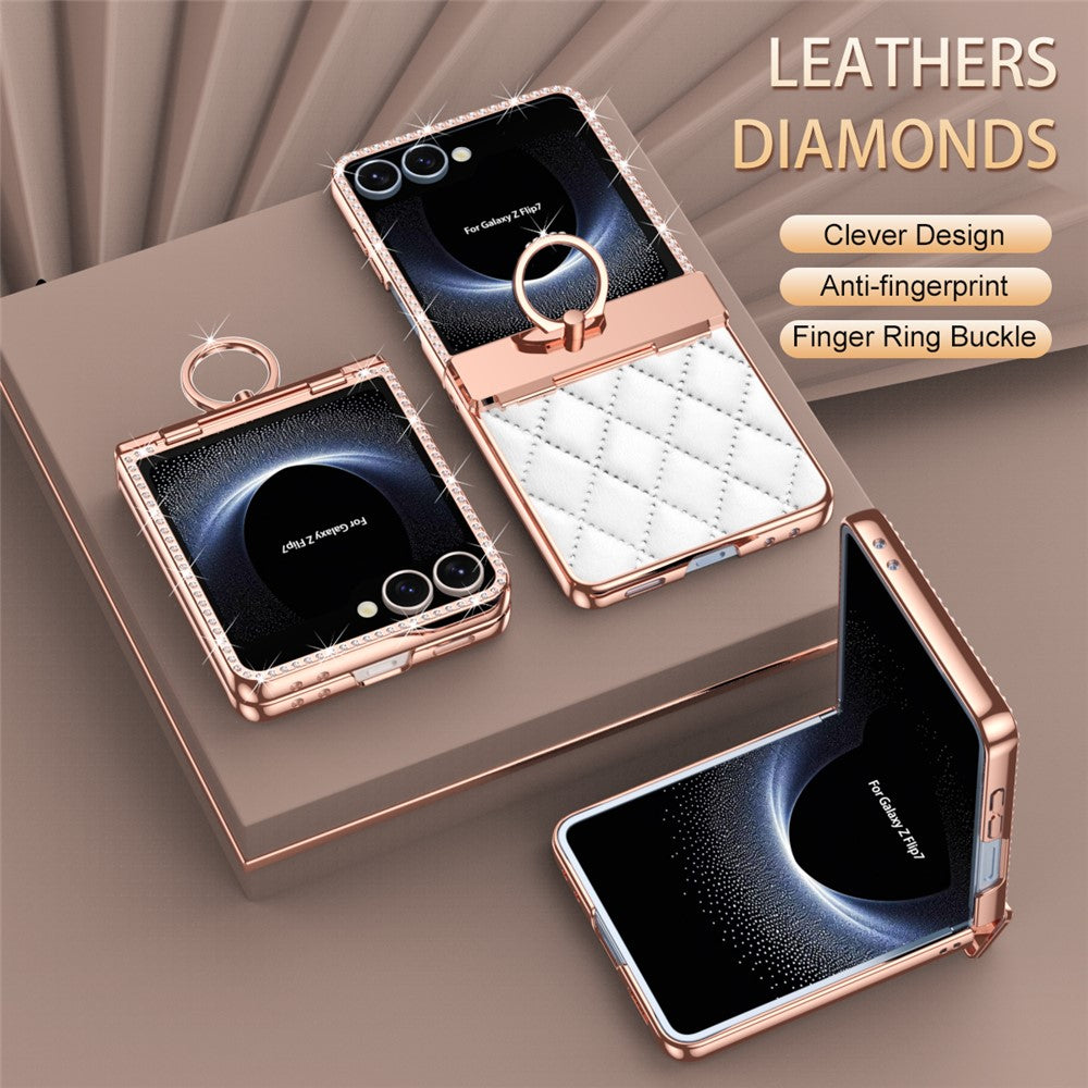 For Samsung Galaxy Z Flip7 5G Case Ring Holder Rhinestone Decor Leather + PC Cover with Rear Screen Film - Purple