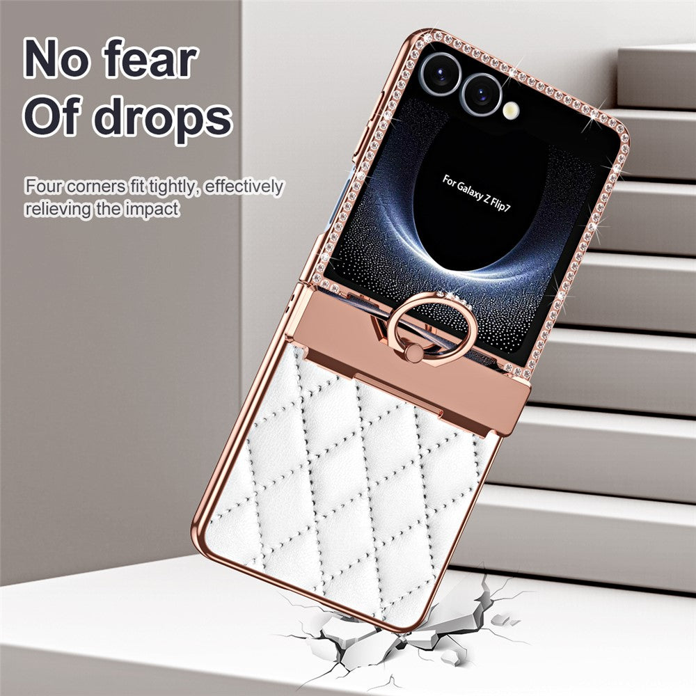 For Samsung Galaxy Z Flip7 5G Case Ring Holder Rhinestone Decor Leather + PC Cover with Rear Screen Film - Purple