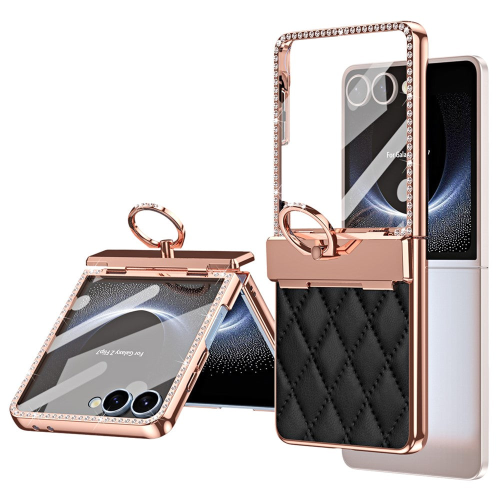 For Samsung Galaxy Z Flip7 5G Case Ring Holder Rhinestone Decor Leather + PC Cover with Rear Screen Film - Black