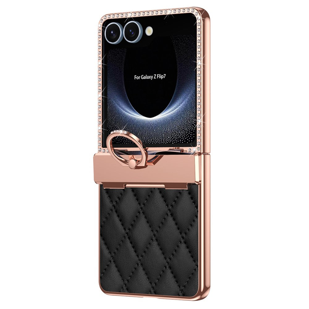 For Samsung Galaxy Z Flip7 5G Case Ring Holder Rhinestone Decor Leather + PC Cover with Rear Screen Film - Black