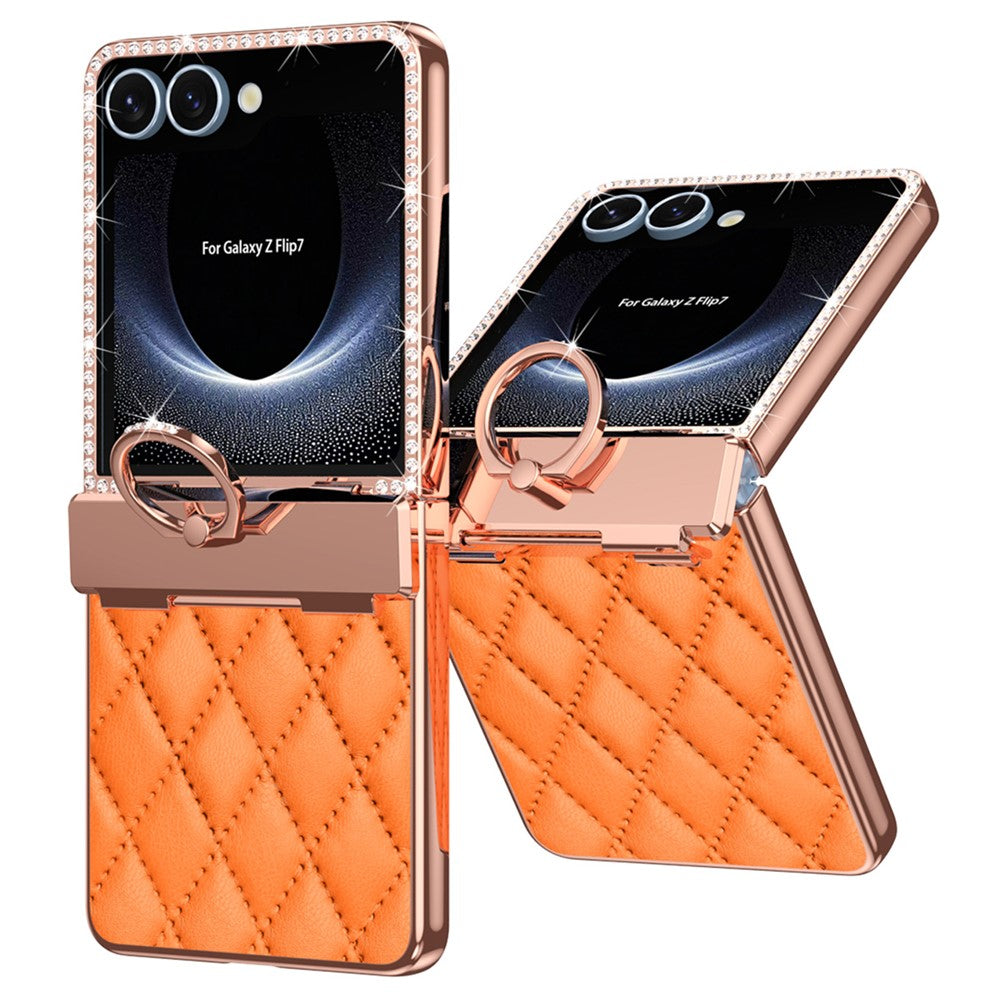 For Samsung Galaxy Z Flip7 5G Case Rhinestone Decoration Ring Holder Rhombus Leather + PC Phone Cover - Orange