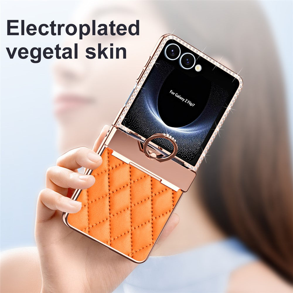 For Samsung Galaxy Z Flip7 5G Case Rhinestone Decoration Ring Holder Rhombus Leather + PC Phone Cover - Orange