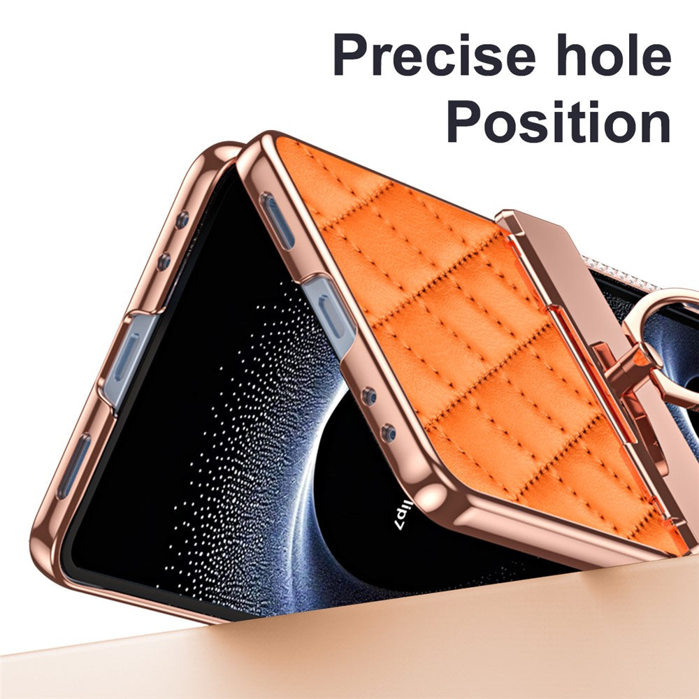 For Samsung Galaxy Z Flip7 5G Case Rhinestone Decoration Ring Holder Rhombus Leather + PC Phone Cover - Orange