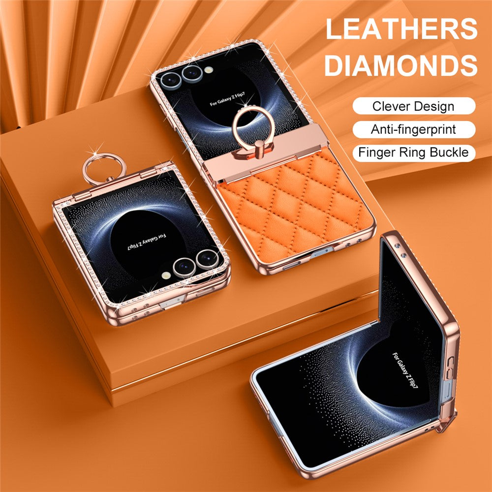 For Samsung Galaxy Z Flip7 5G Case Rhinestone Decoration Ring Holder Rhombus Leather + PC Phone Cover - Orange
