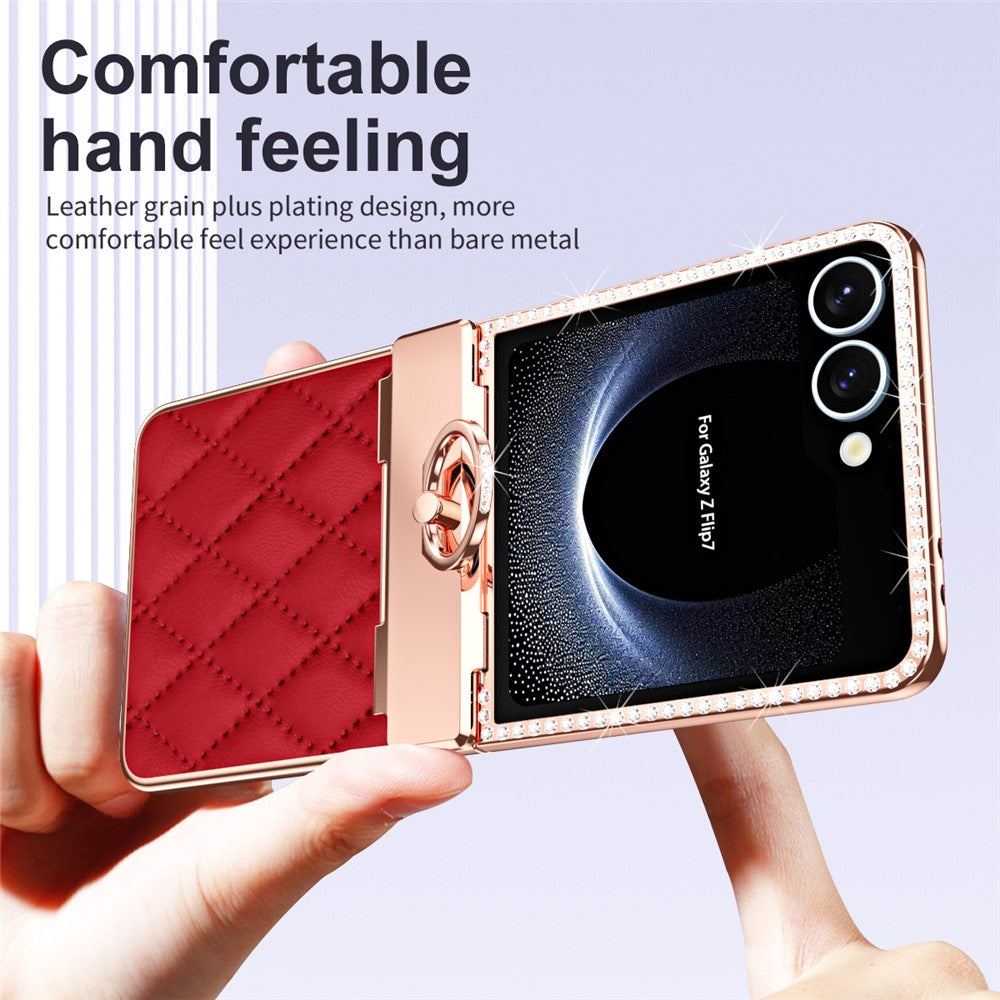 For Samsung Galaxy Z Flip7 5G Case Rhinestone Decoration Ring Holder Rhombus Leather + PC Phone Cover - Wine Red