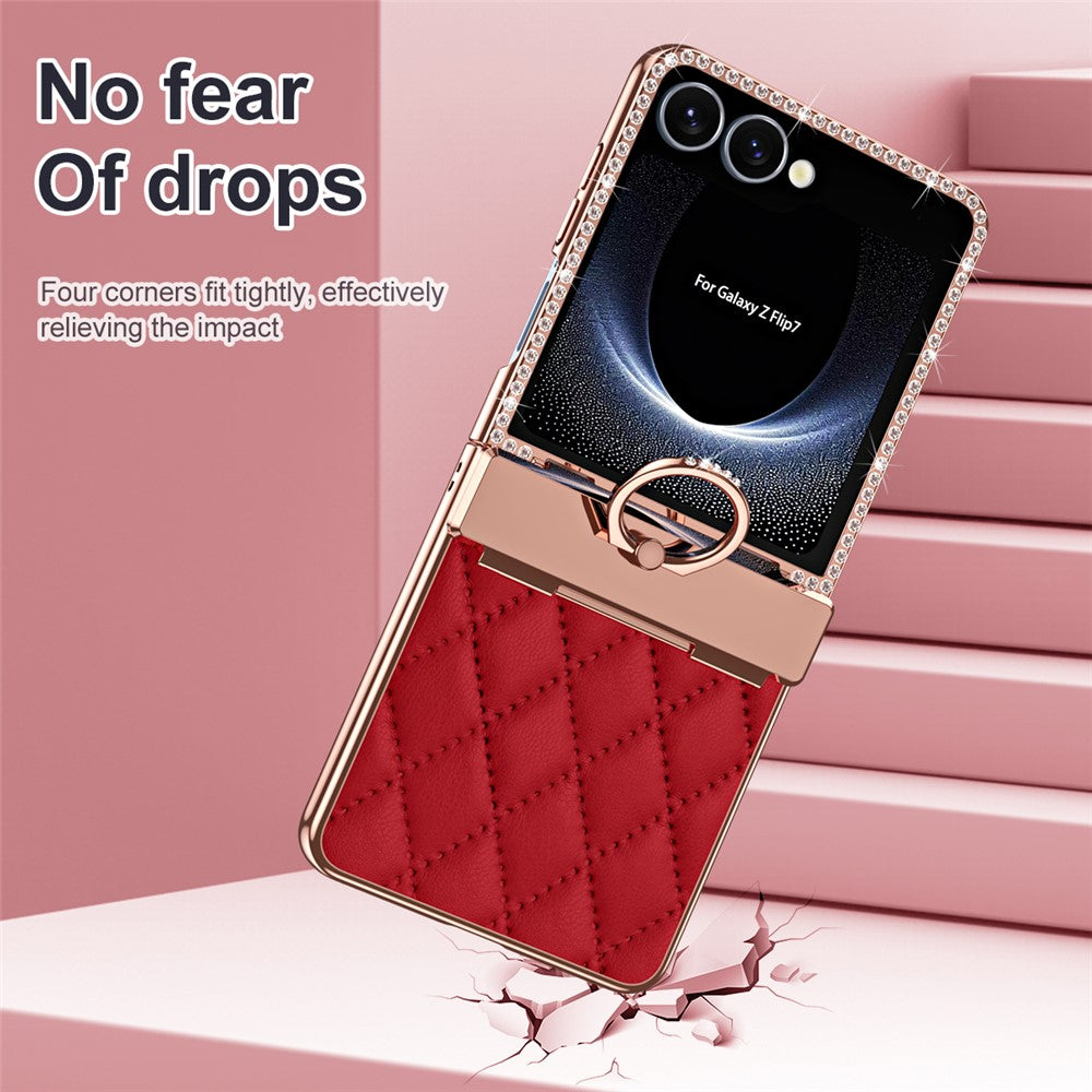 For Samsung Galaxy Z Flip7 5G Case Rhinestone Decoration Ring Holder Rhombus Leather + PC Phone Cover - Wine Red