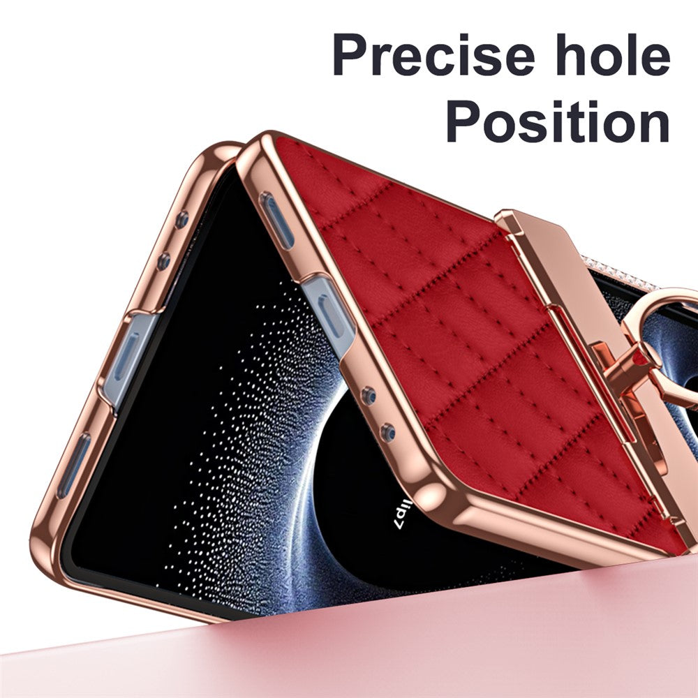 For Samsung Galaxy Z Flip7 5G Case Rhinestone Decoration Ring Holder Rhombus Leather + PC Phone Cover - Wine Red