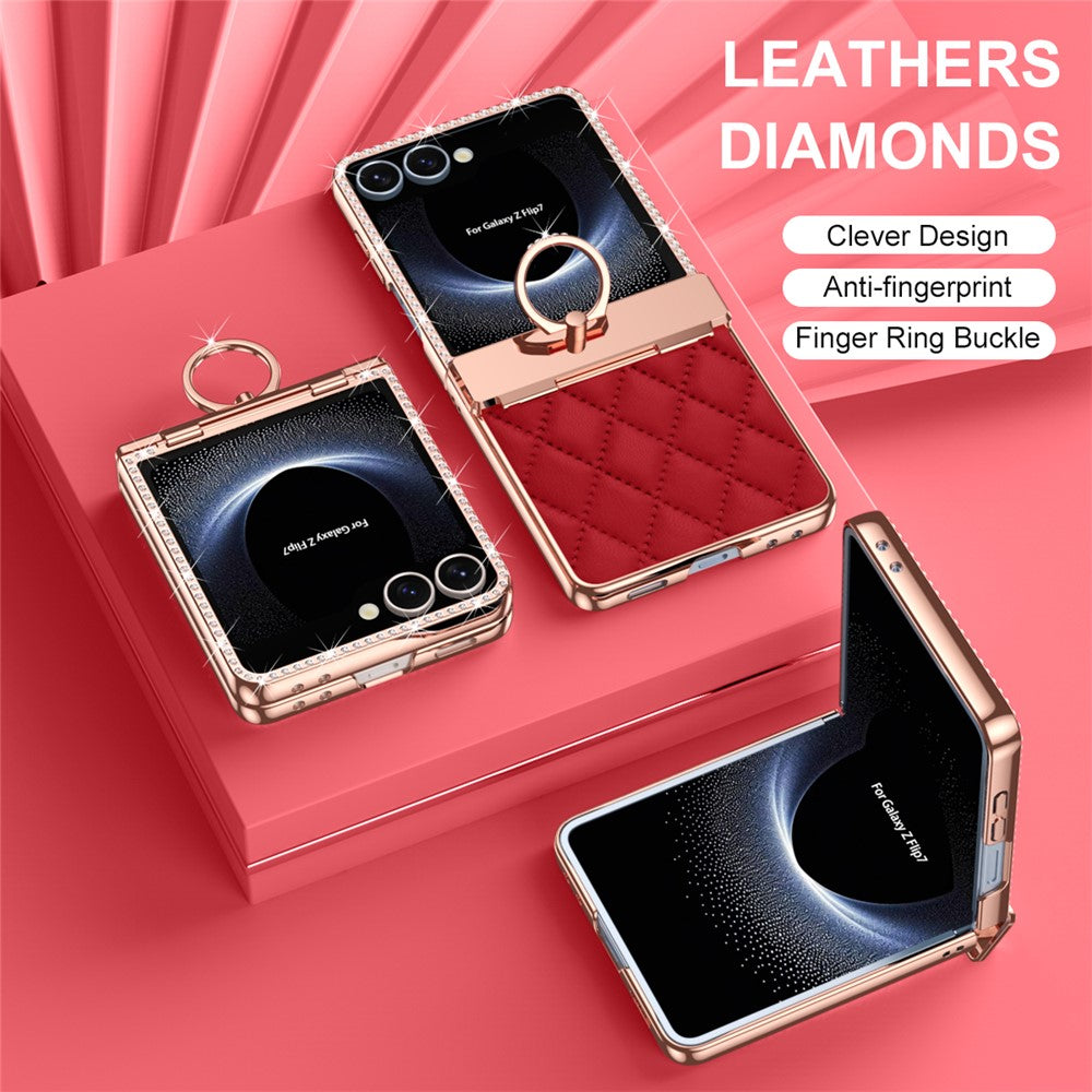 For Samsung Galaxy Z Flip7 5G Case Rhinestone Decoration Ring Holder Rhombus Leather + PC Phone Cover - Wine Red