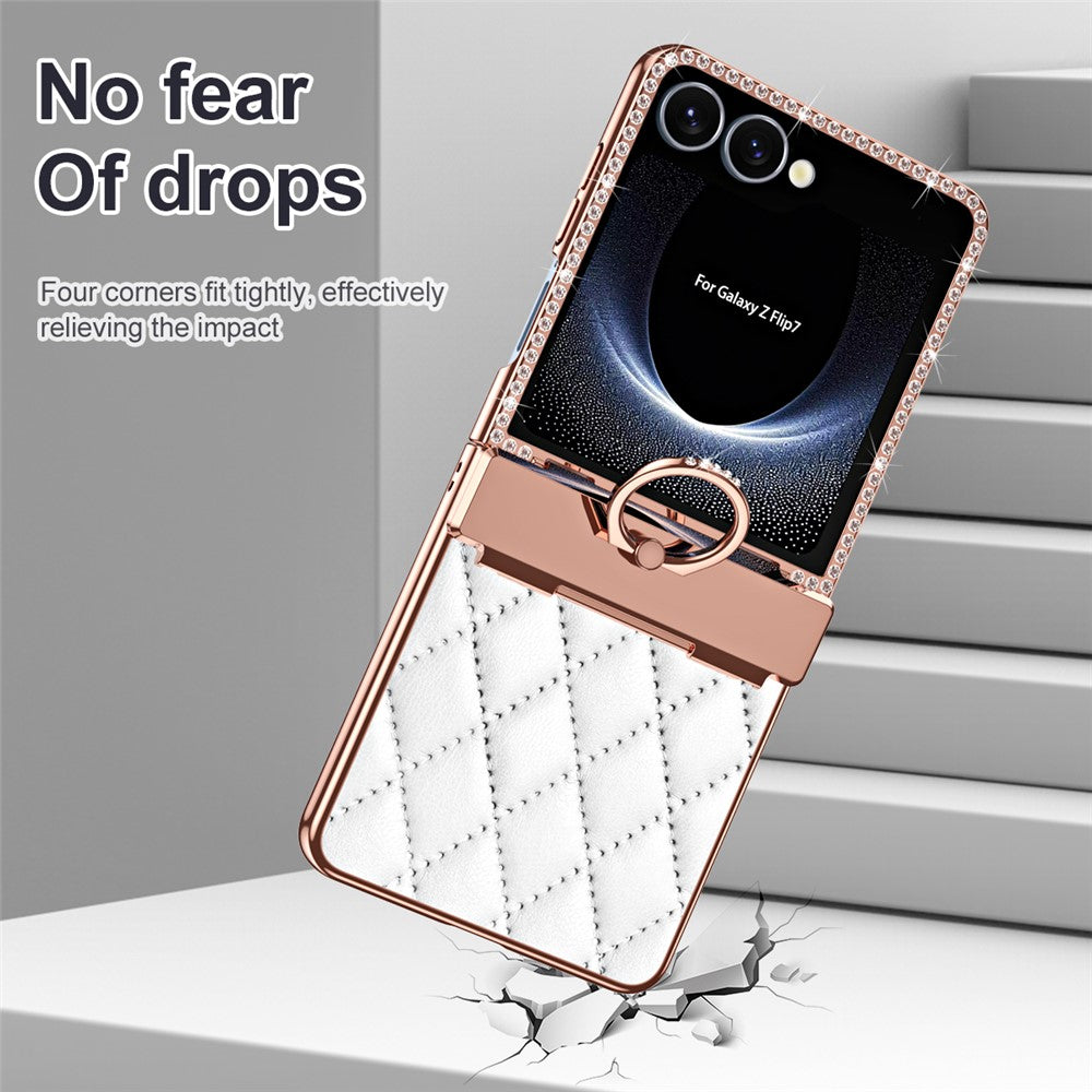 For Samsung Galaxy Z Flip7 5G Case Rhinestone Decoration Ring Holder Rhombus Leather + PC Phone Cover - White